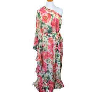 Dalia MacPhee Dress One Shoulder Ruffle Floral Maxi Pink Multi Belted Women's S